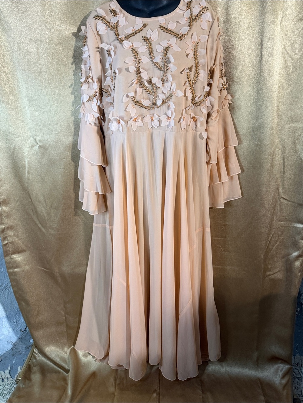 Express Cream Floral Appliqué Chiffon Maxi Dress
